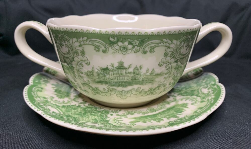 Vintage Green Transferware 2 Handle Cream Soup Cup & Saucer Scenic Floral